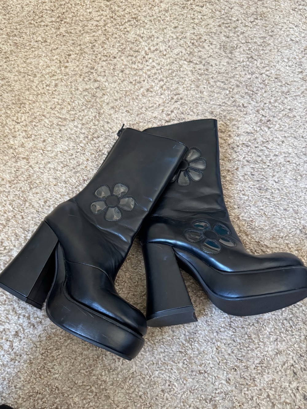 Dolls Kill Black Platform Floral Cutout Mid-Calf Heeled Boots